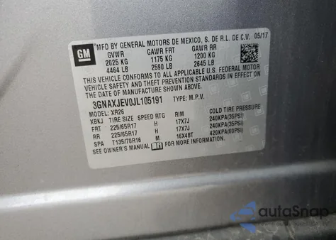 2018 Chevrolet Equinox Lt из США, поврежденный, VIN 3GNAXJEV0JL105191